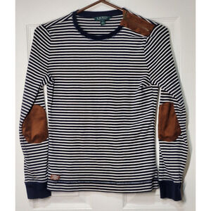 Lauren Ralph Lauren Women's Medium Stripe Long Sleeve Top Suede Elbow Patches